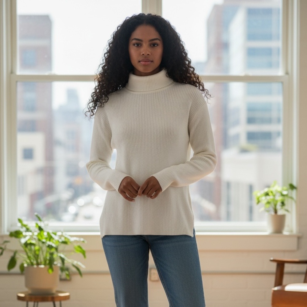 Lord‎ & Taylor Retrology XL Ribbed Turtleneck Sweater Cream Zip Cuff NWT